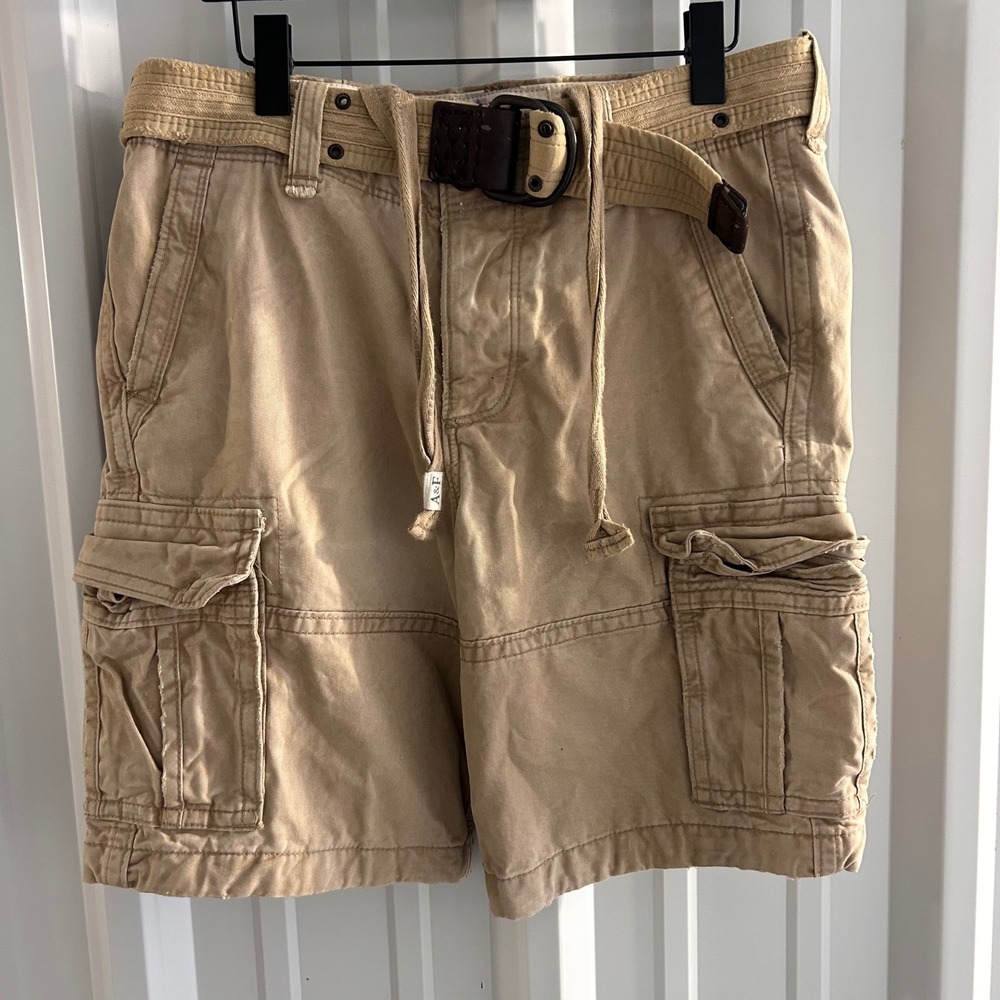 Abercrombie & Fitch Mens Khaki Cargo Shorts With Belt Size 32 Tan Cotton Twill